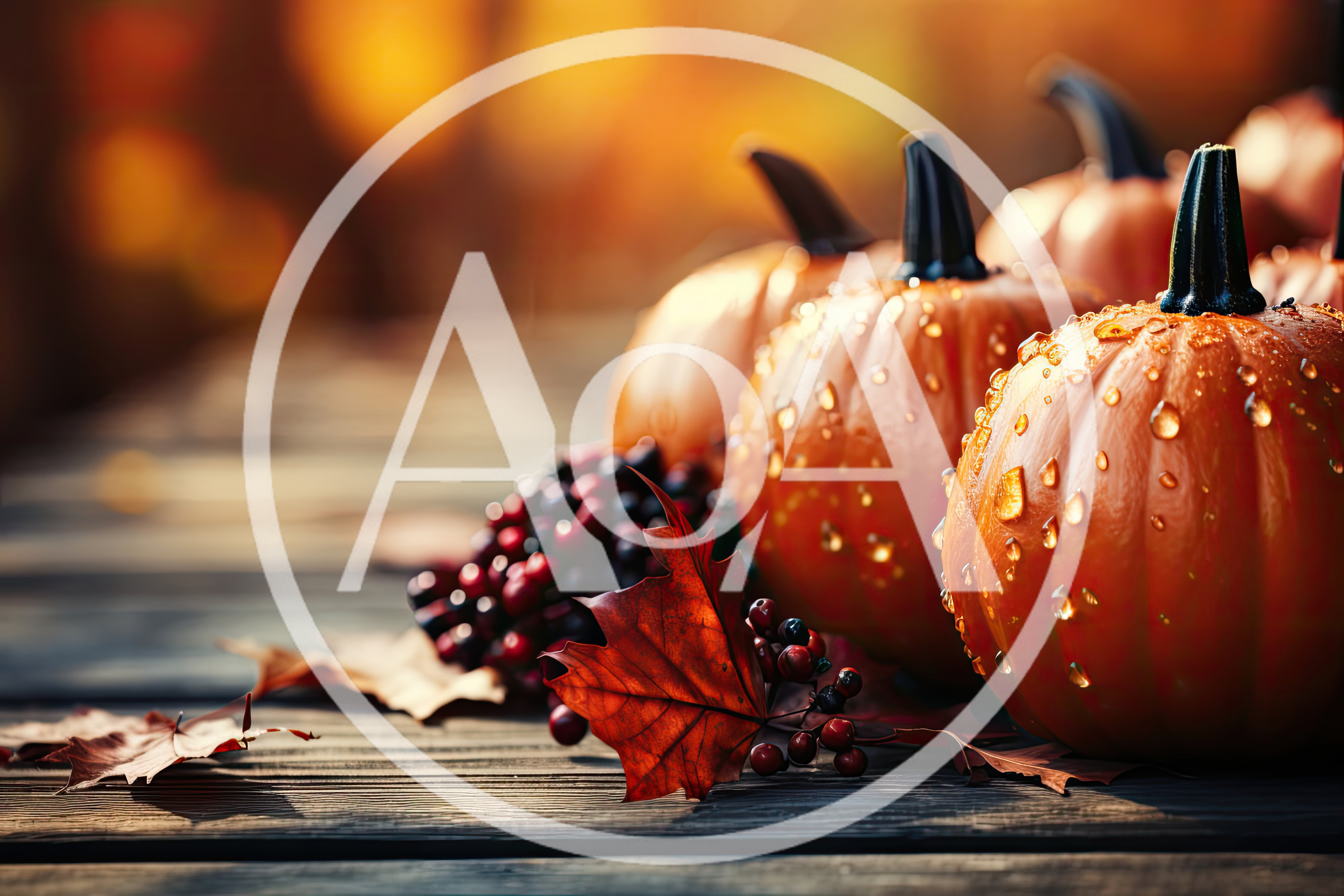 Autumn Pumpkins With Dew Drops On Wooden Table