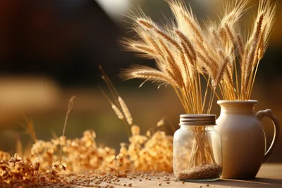 Wheat Stalks In Glass Jar And Ceramic Pitcher