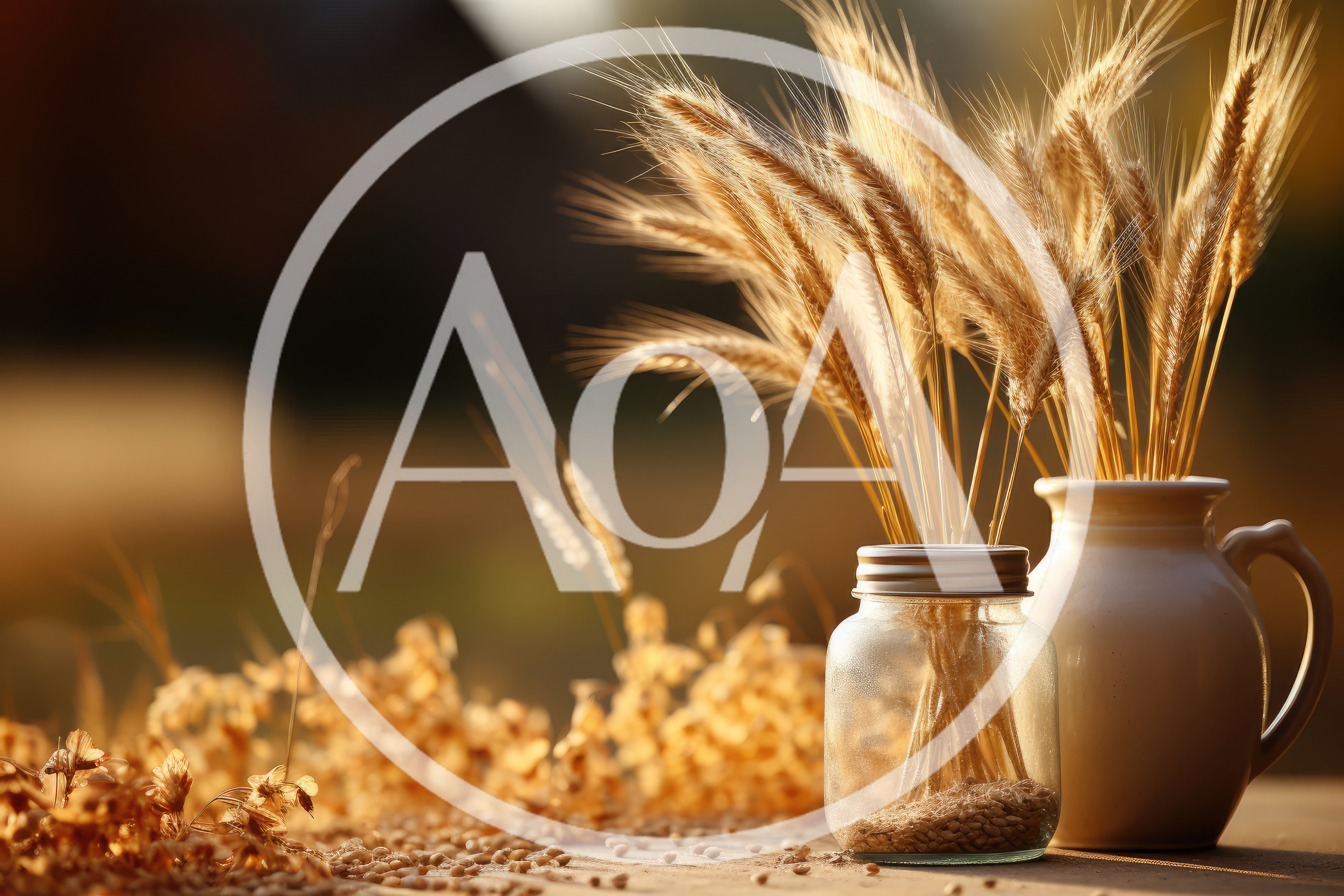 Wheat Stalks In Glass Jar And Ceramic Pitcher