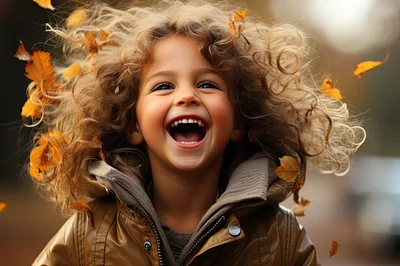 Joyful Child Laughing Amidst Falling Autumn Leaves