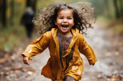 Happy Toddler Girl Running In Yellow Raincoat