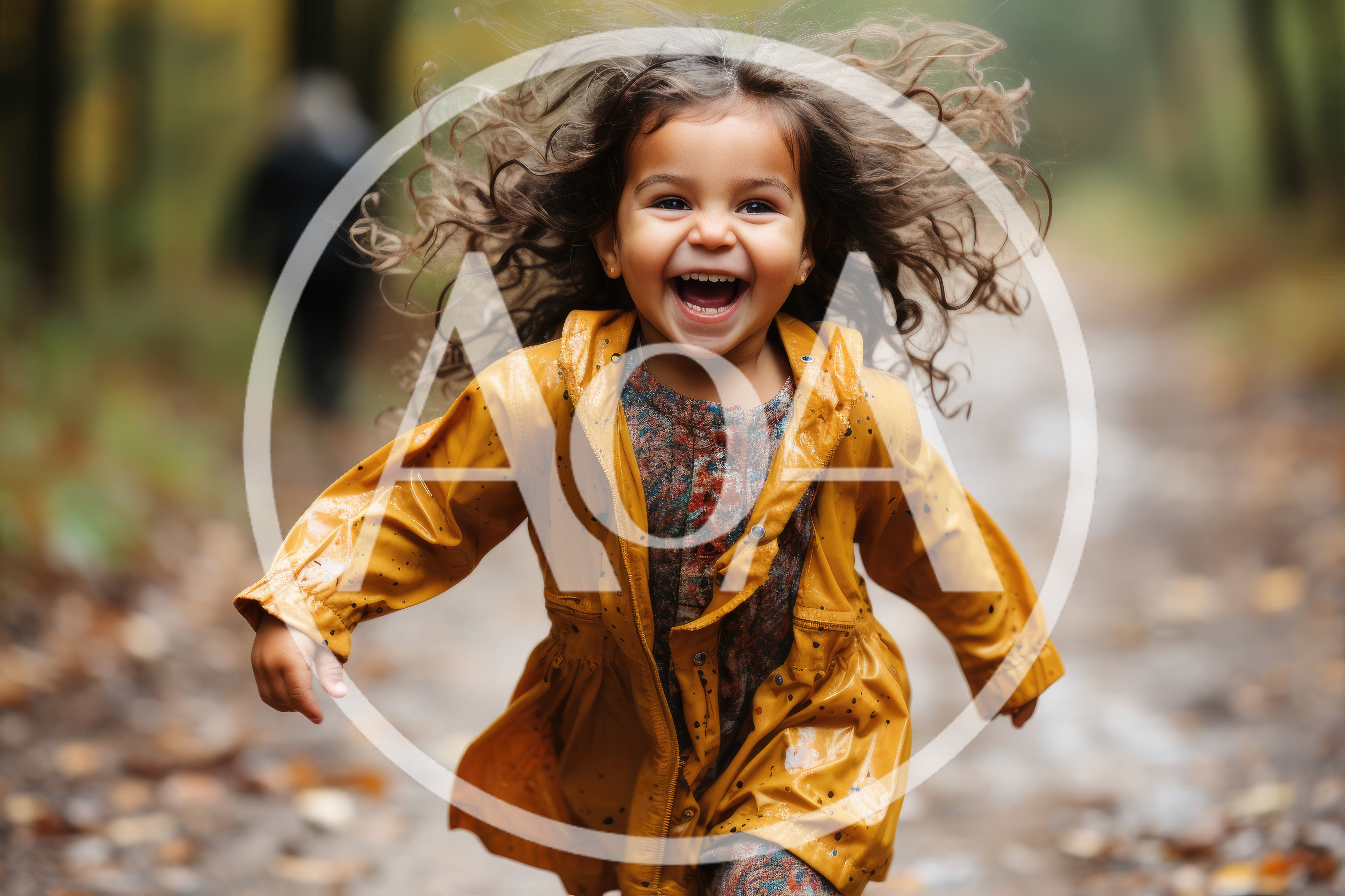 Happy Toddler Girl Running In Yellow Raincoat