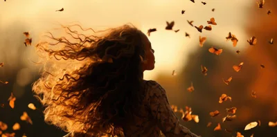 Young Girl With Curly Hair Surrounded By Flying Leaves