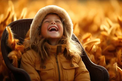 Happy Little Girl Laughing In A Wicker Chair
