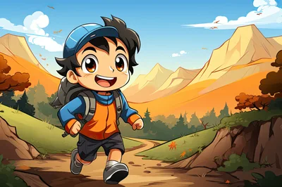 Anime Style Boy Hiking Through Mountain Landscape