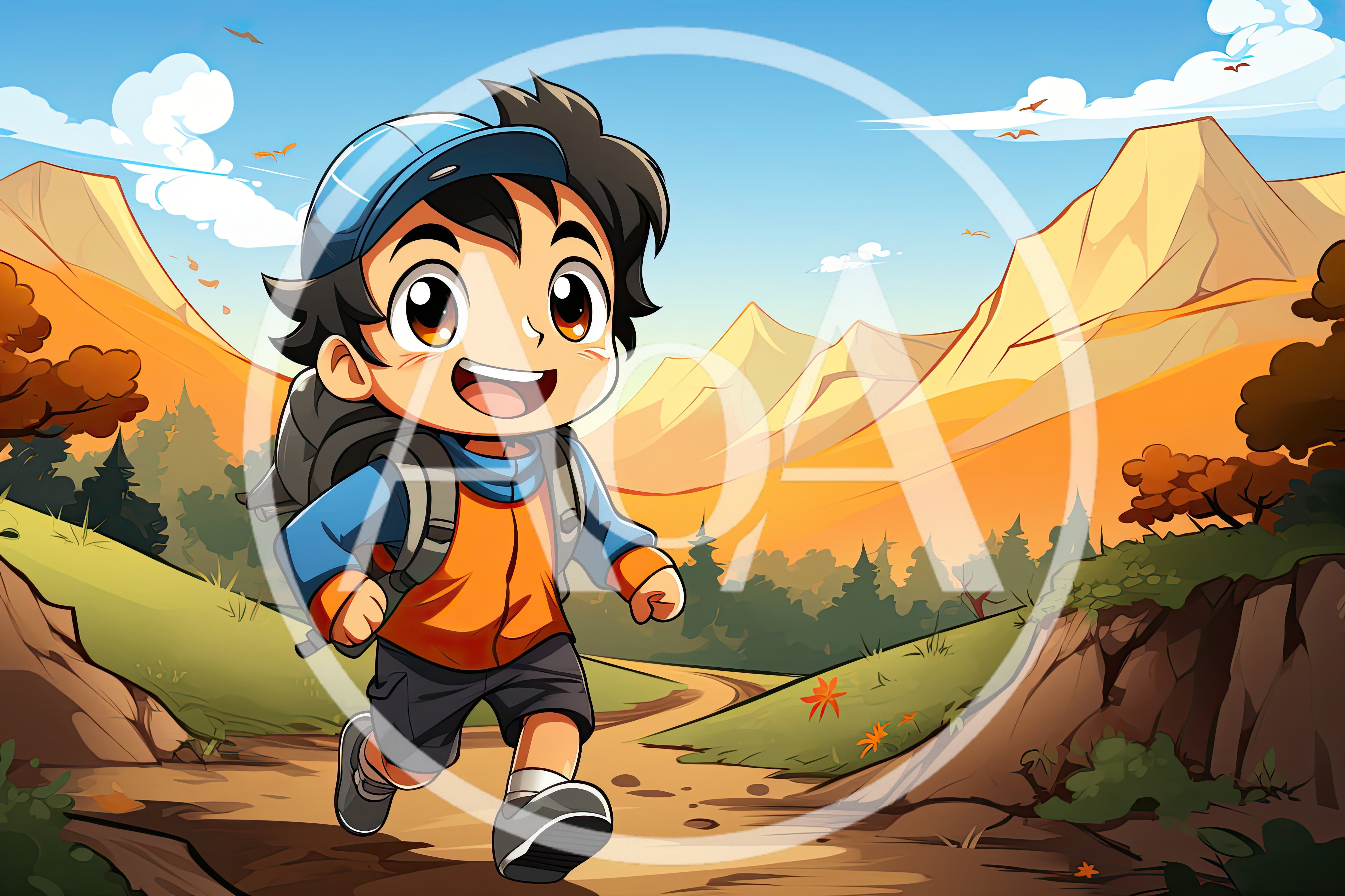 Anime Style Boy Hiking Through Mountain Landscape