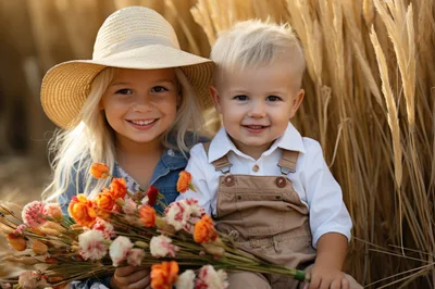 Young Children Holding Wildflowers in a Golden Wheat Field