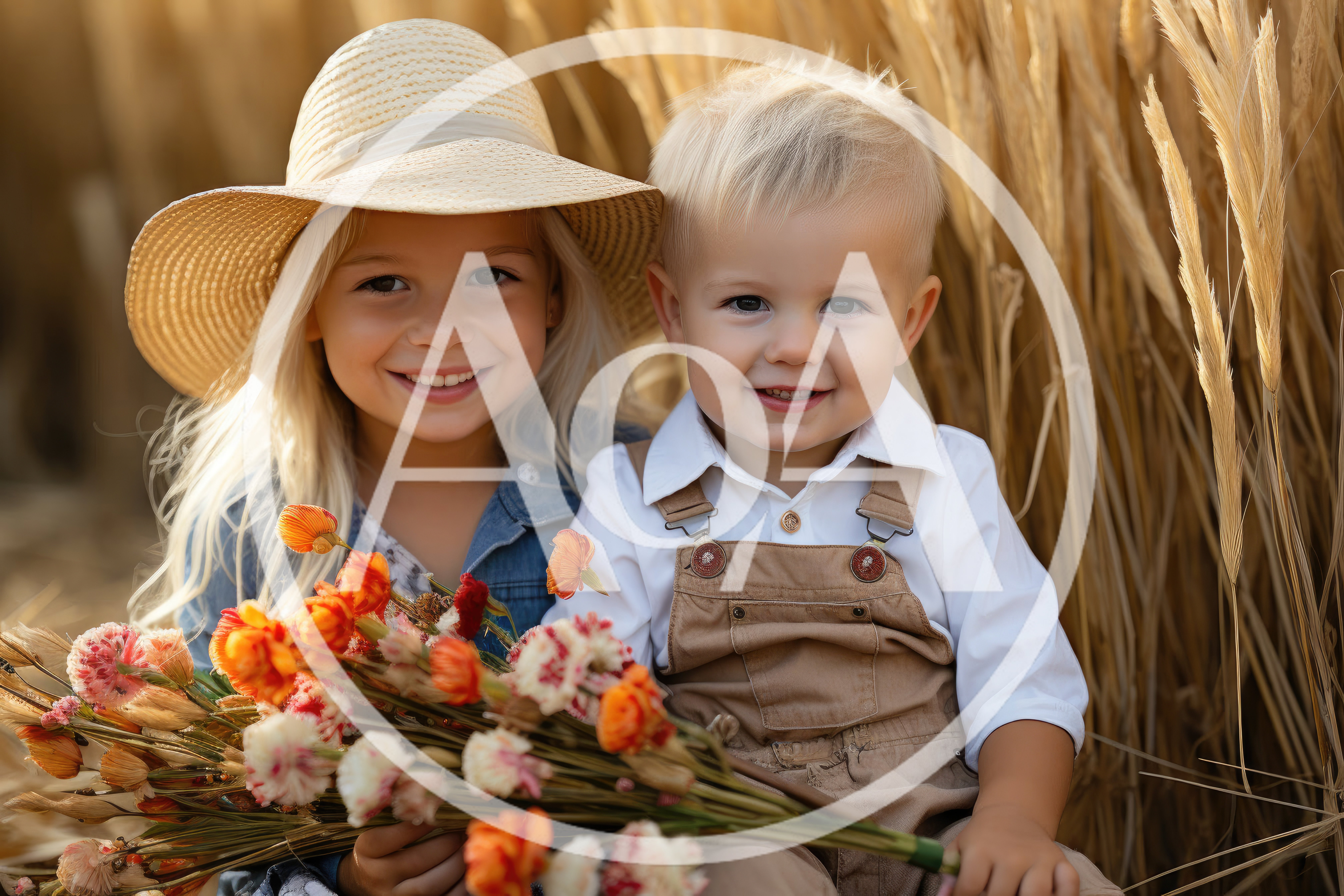 Young Children Holding Wildflowers in a Golden Wheat Field