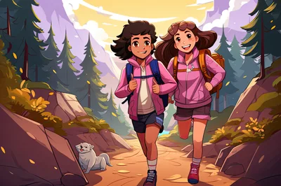 Two Young Hikers Running On A Mountain Trail