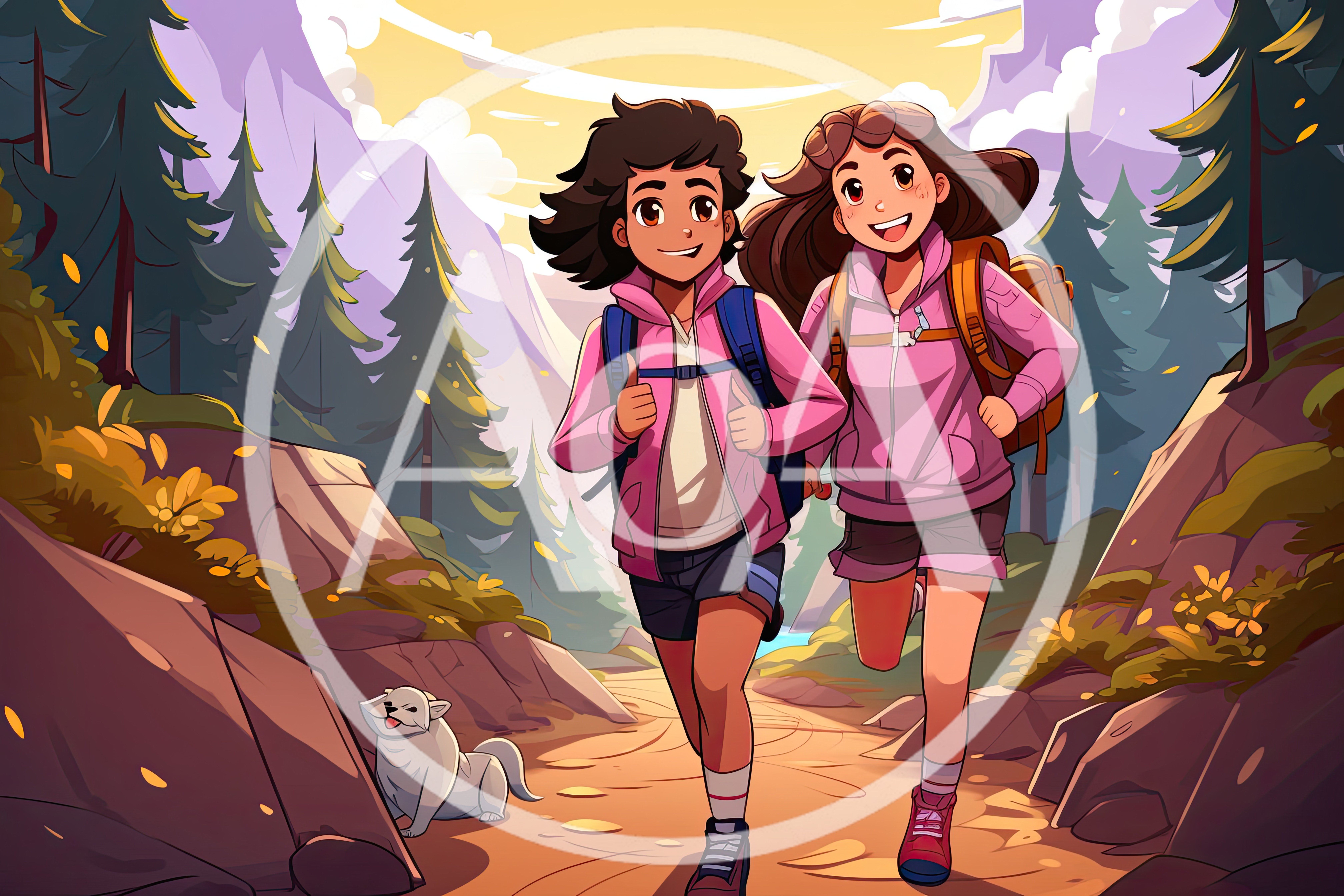 Two Young Hikers Running On A Mountain Trail