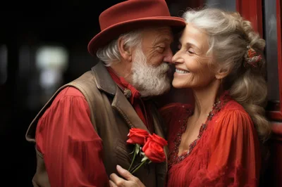 Elderly Couple Sharing A Romantic Moment With Red Roses