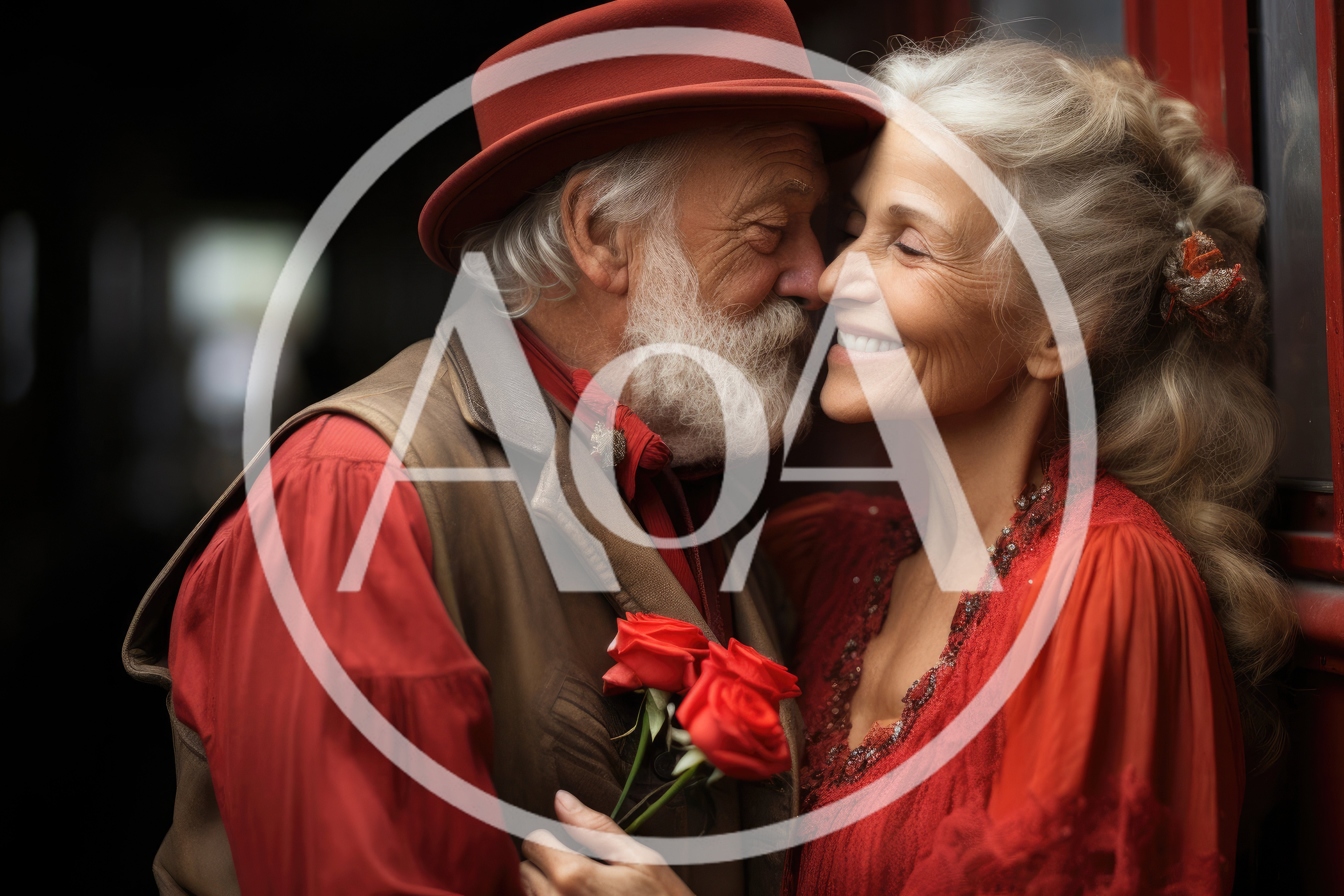 Elderly Couple Sharing A Romantic Moment With Red Roses