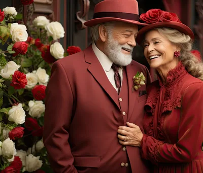 Elegant Elderly Couple Celebrating Anniversary Among Roses