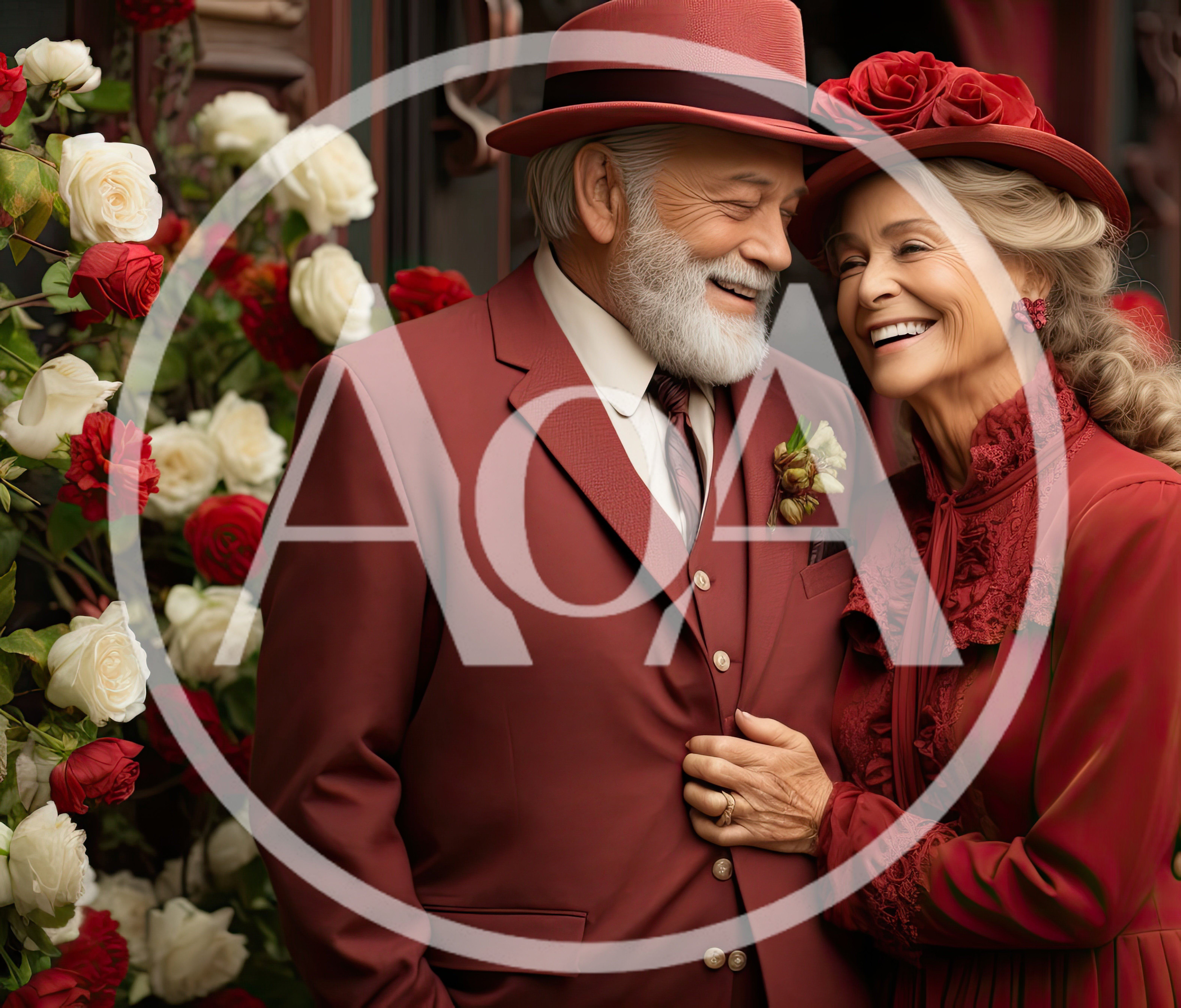 Elegant Elderly Couple Celebrating Anniversary Among Roses