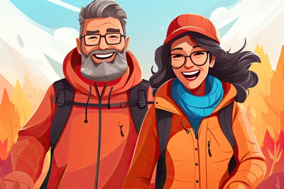 Happy Couple Hiking Together In Autumn Forest
