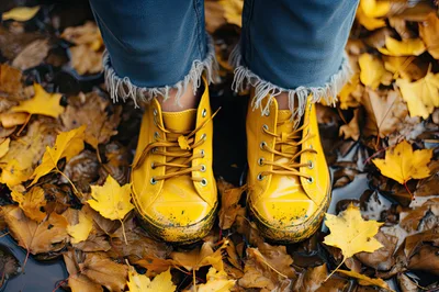 Person Wearing Yellow Rain Boots In Autumn Leaves