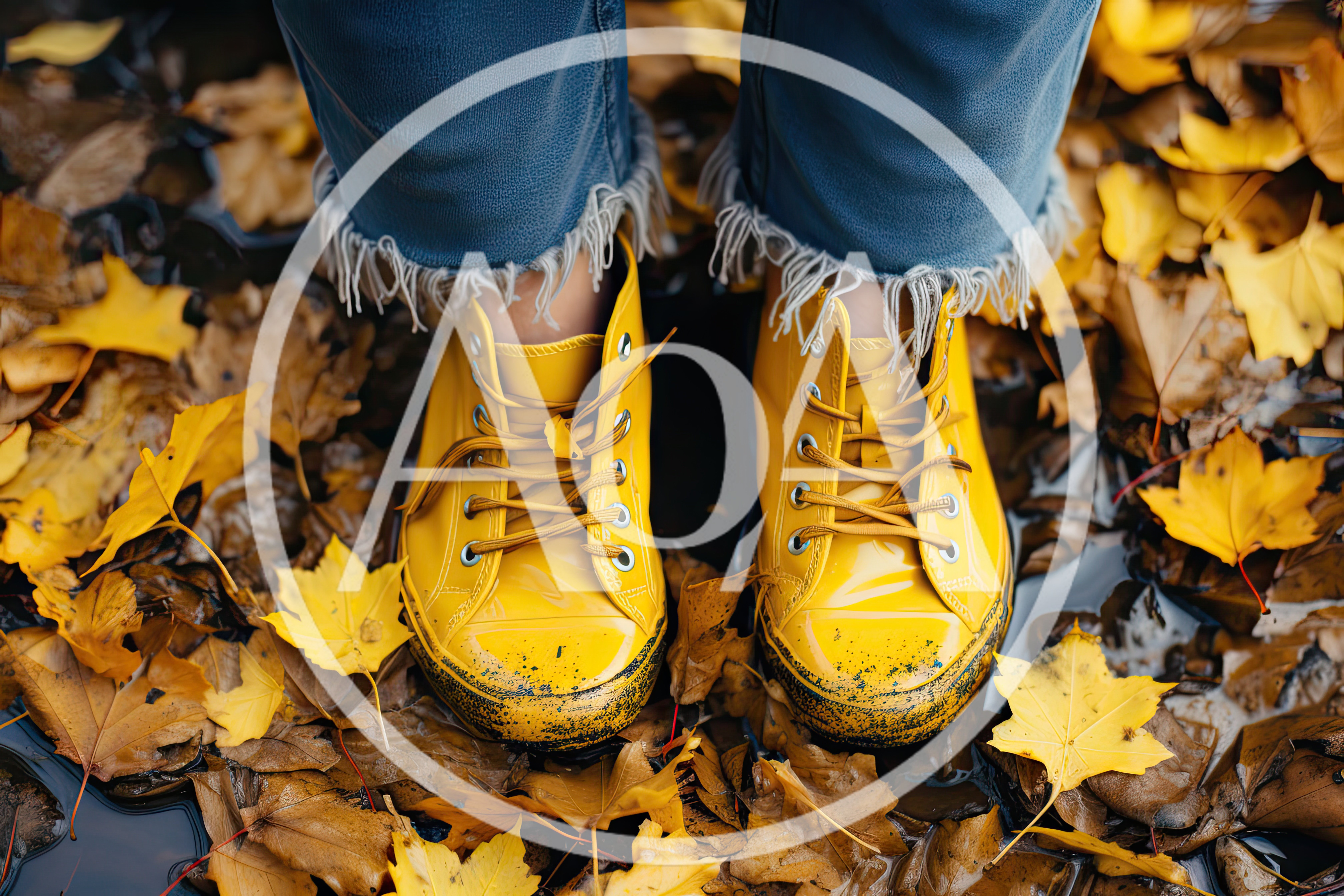 Person Wearing Yellow Rain Boots In Autumn Leaves