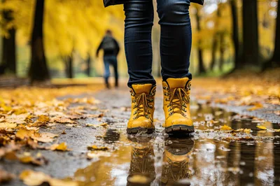 Person Wearing Yellow Boots Walking Through Autumn Puddle