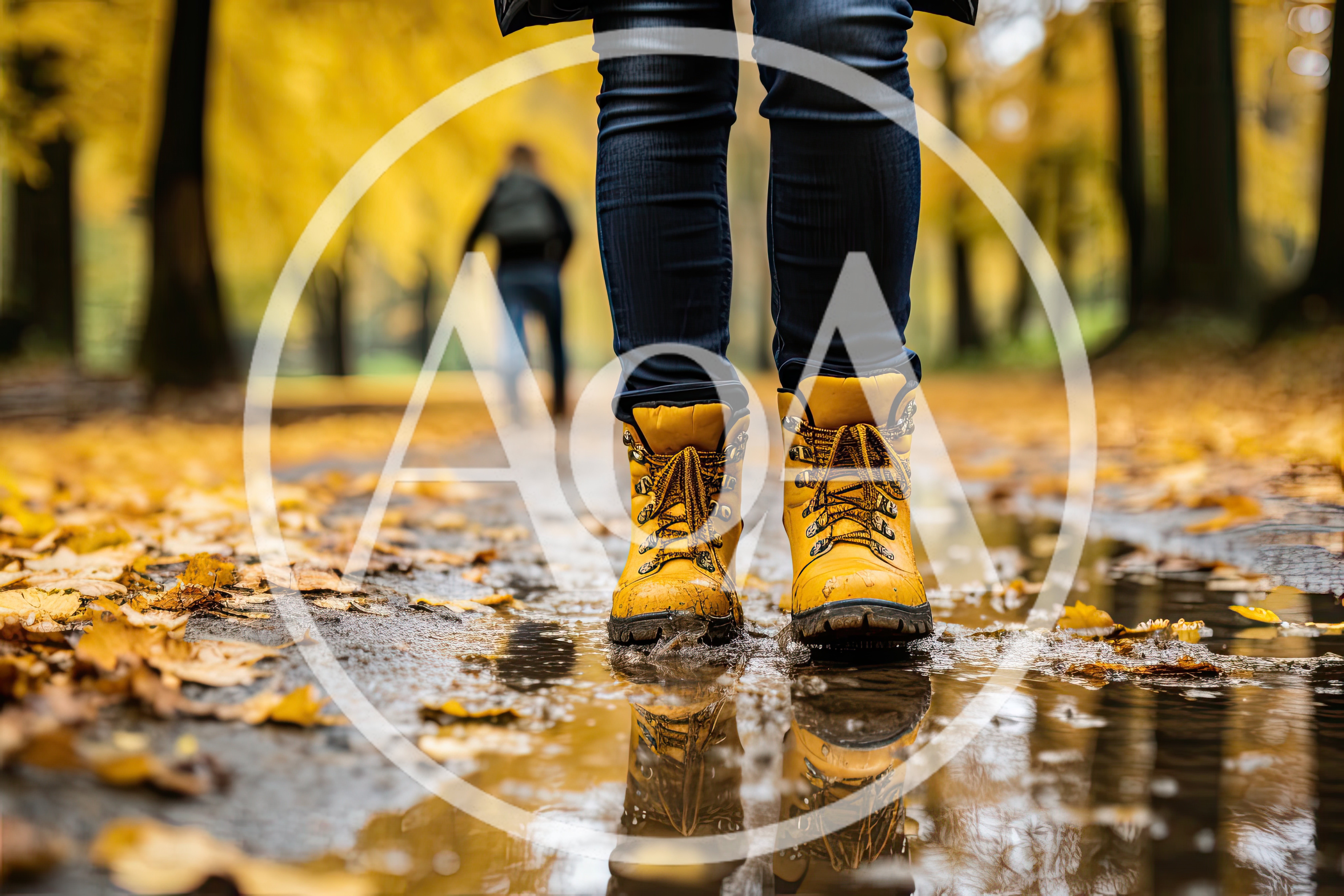 Person Wearing Yellow Boots Walking Through Autumn Puddle