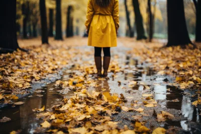 Woman In Yellow Raincoat Standing In Autumn Park Puddle