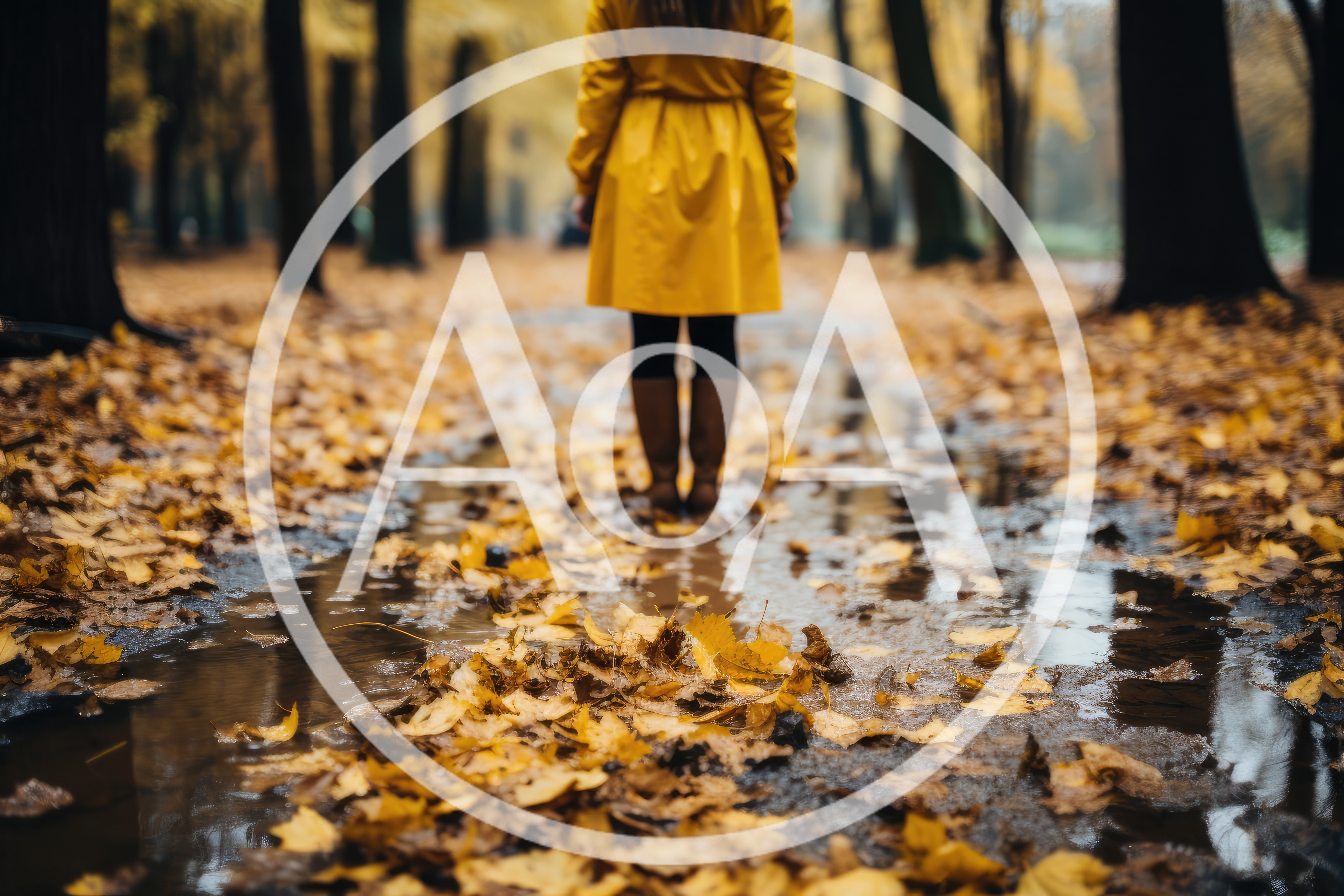 Woman In Yellow Raincoat Standing In Autumn Park Puddle