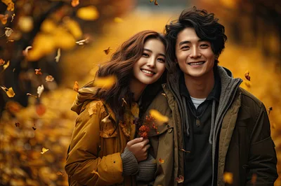 Happy Young Couple Embracing In Autumn Forest