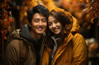 Happy Young Couple Embracing Outdoors In Autumn