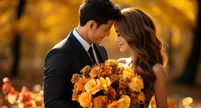Romantic Couple Embracing With Autumn Flower Bouquet