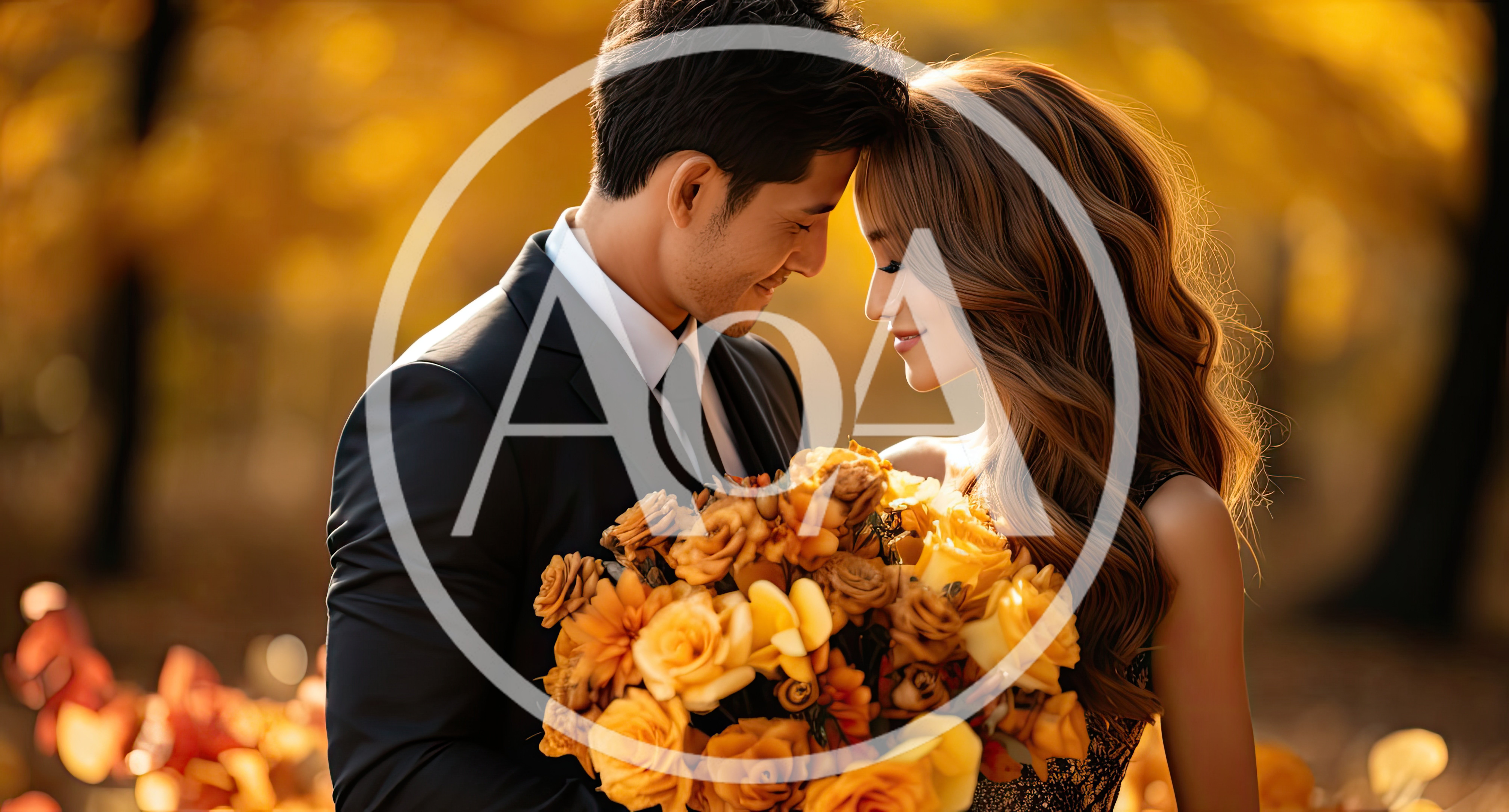 Romantic Couple Embracing With Autumn Flower Bouquet