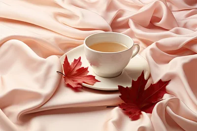 White Tea Cup With Red Maple Leaves On Silk