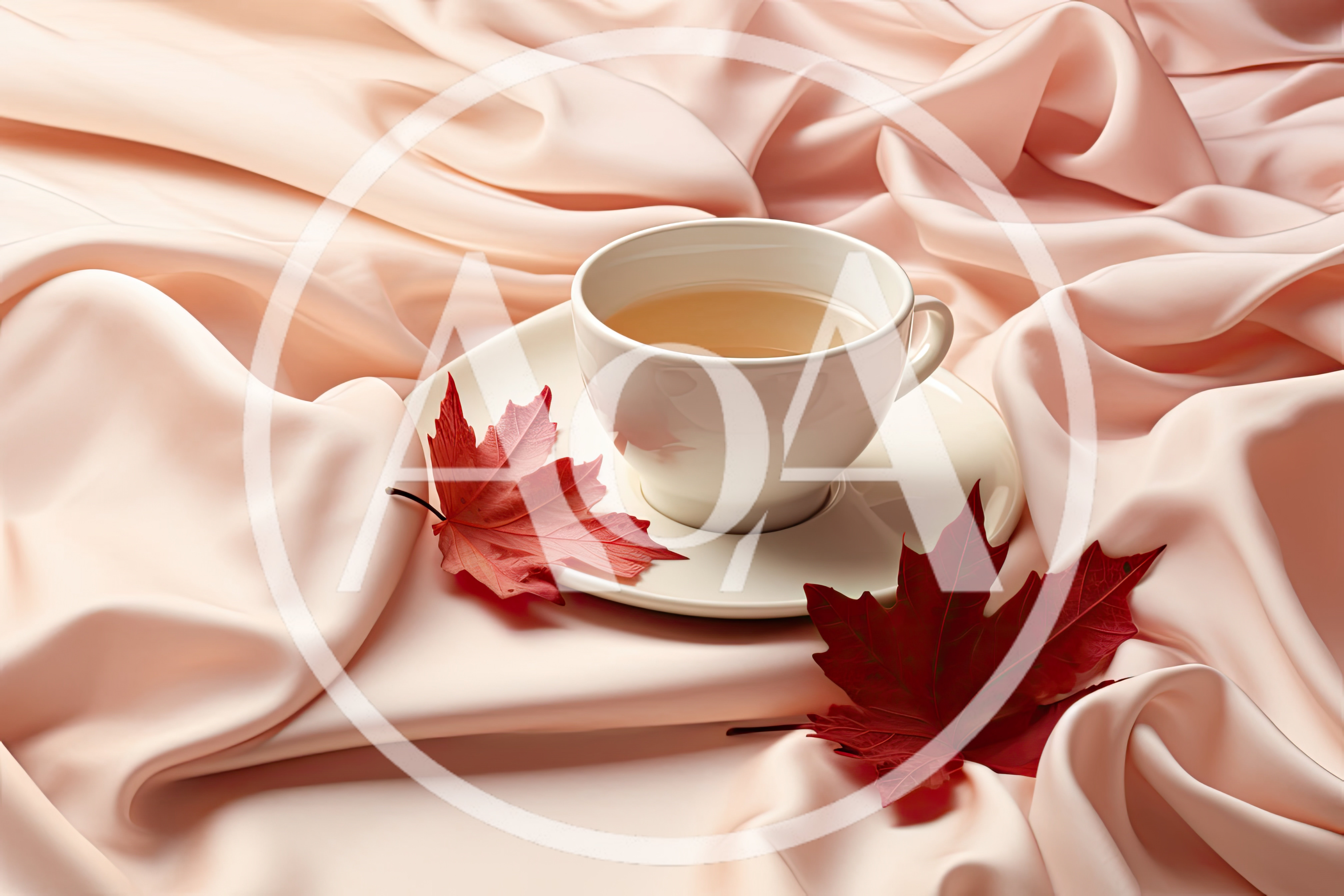 White Tea Cup With Red Maple Leaves On Silk