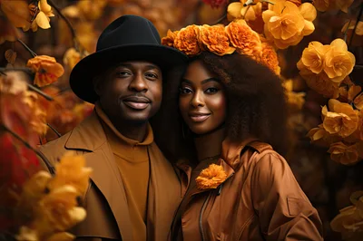 Portrait Of A Stylish Couple In Autumn Flowers