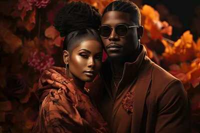 Elegant Black Couple Posing In Autumnal Floral Setting