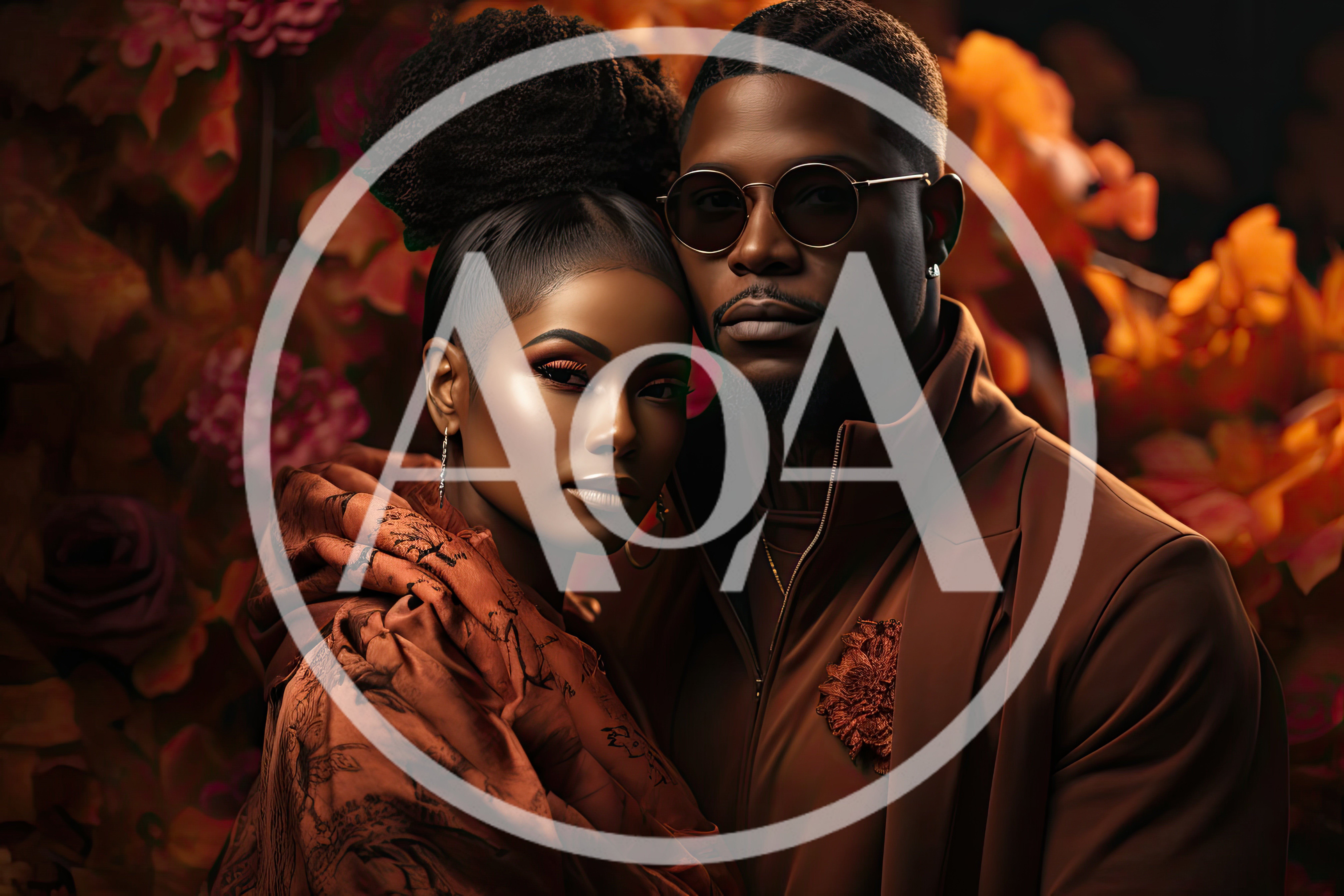 Elegant Black Couple Posing In Autumnal Floral Setting