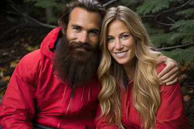 Happy Couple Wearing Red Jackets Outdoors