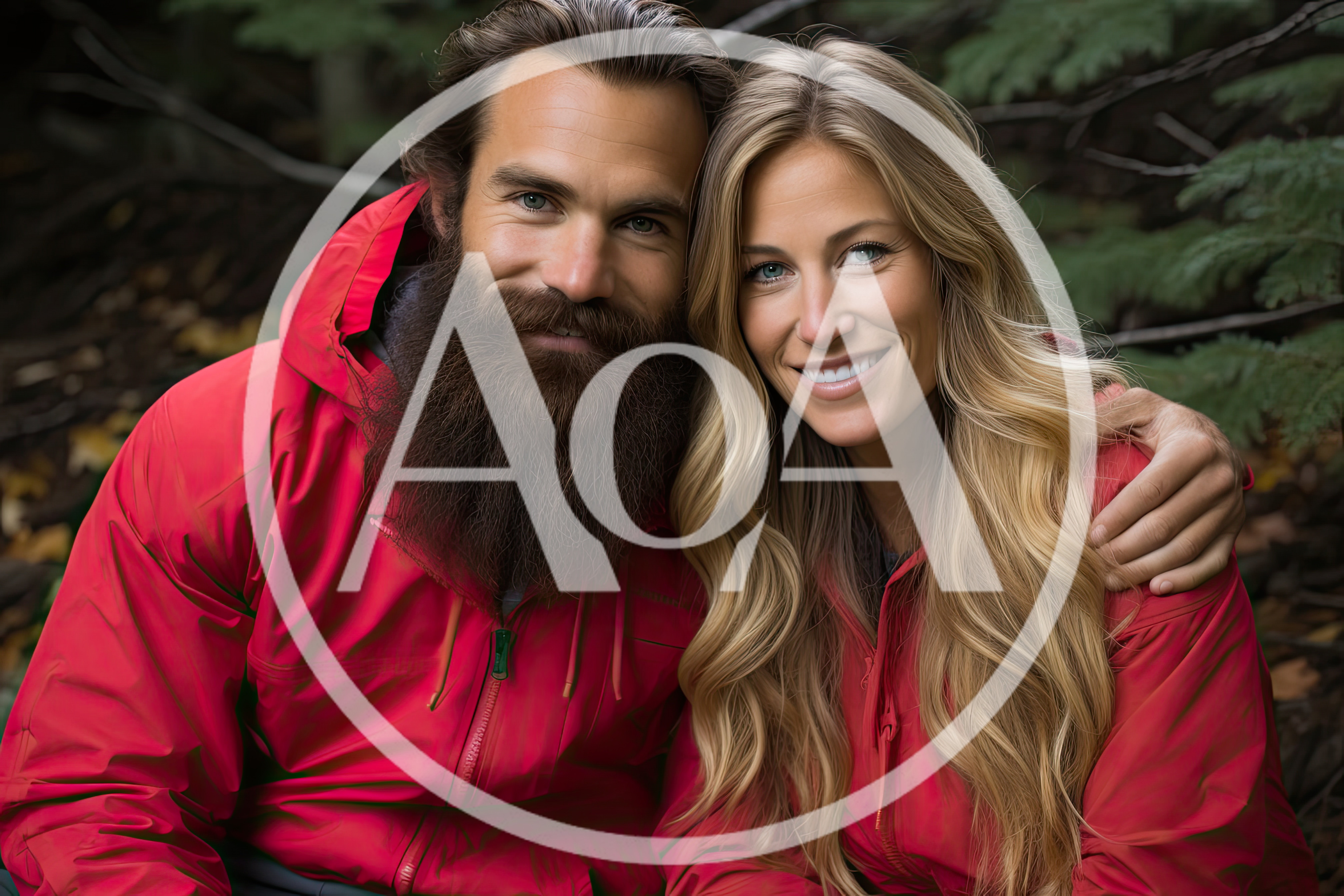 Happy Couple Wearing Red Jackets Outdoors