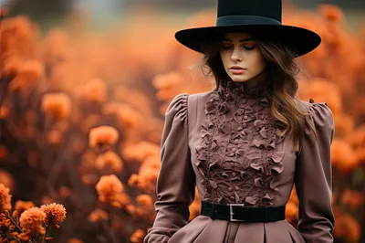 Elegant Woman in Vintage Dress Standing in Flower Field