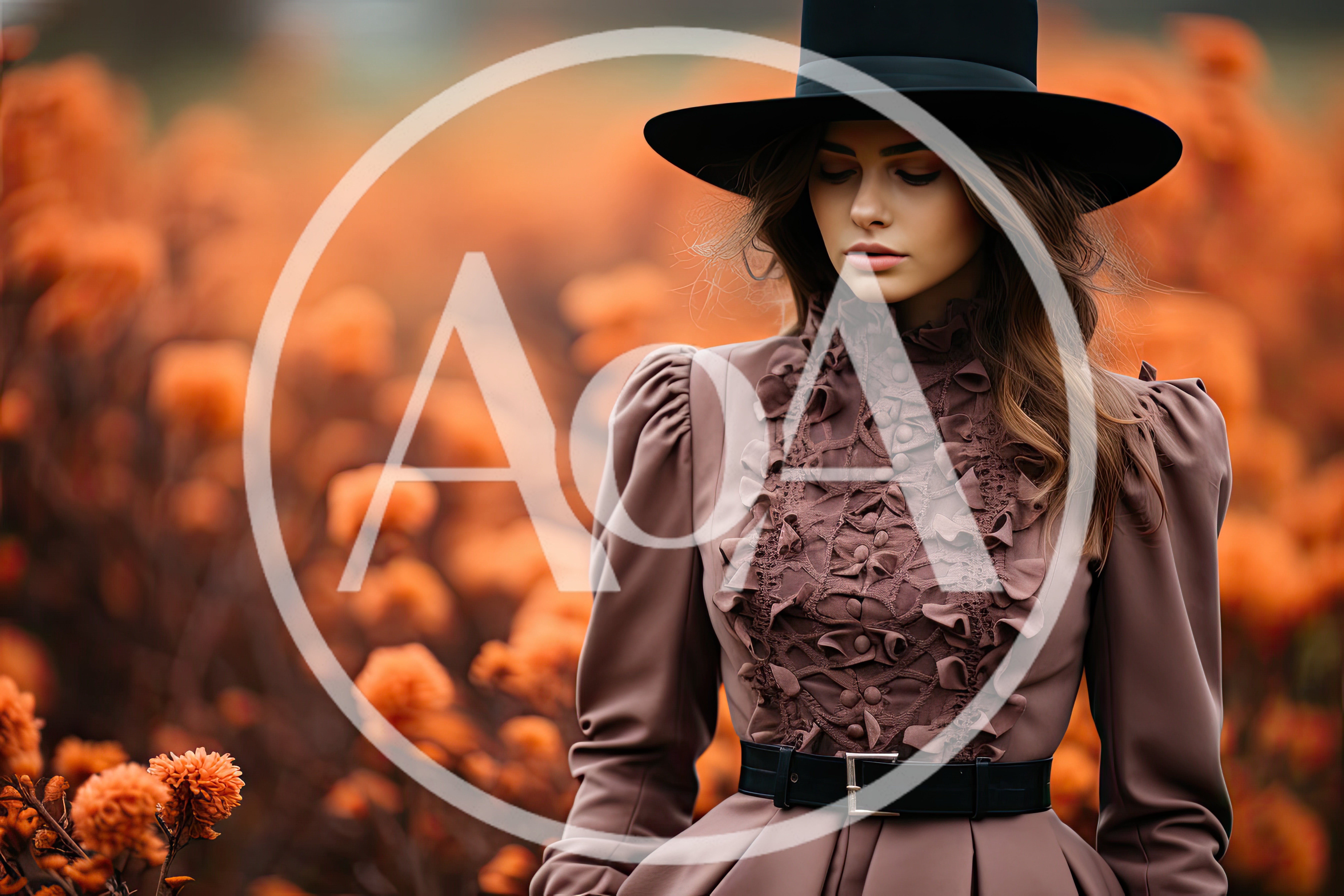 Elegant Woman in Vintage Dress Standing in Flower Field