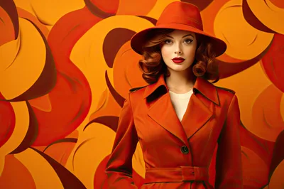 Stylish Woman In Red Trench Coat And Fedora