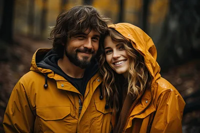 Happy Couple Wearing Yellow Raincoats In Autumn Forest