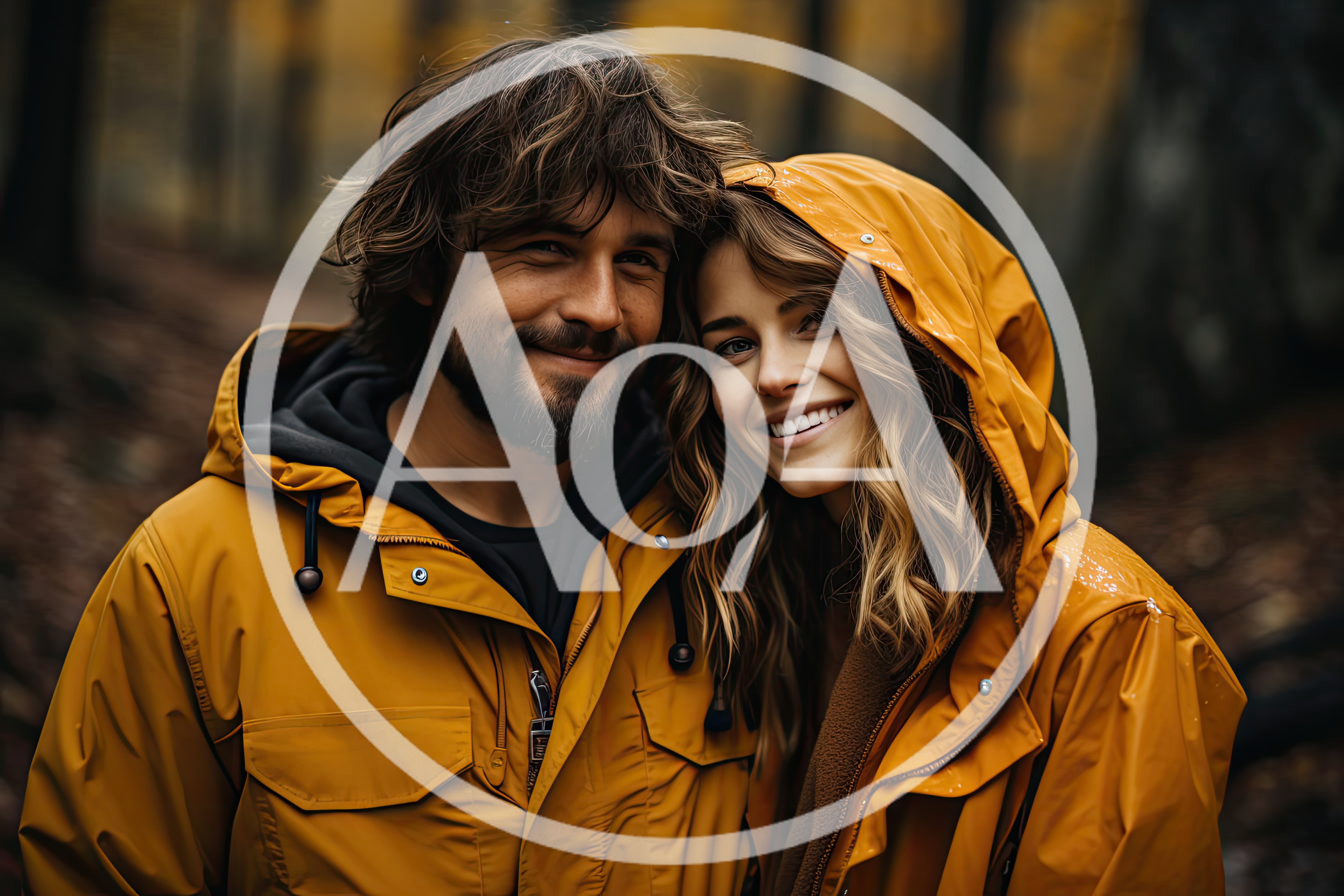 Happy Couple Wearing Yellow Raincoats In Autumn Forest