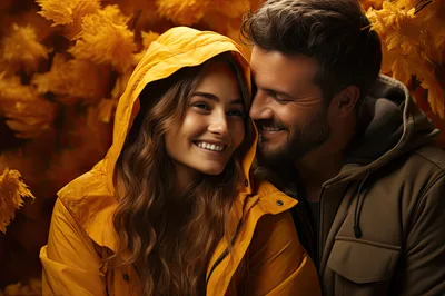 Happy Couple Embracing Amidst Vibrant Autumn Foliage