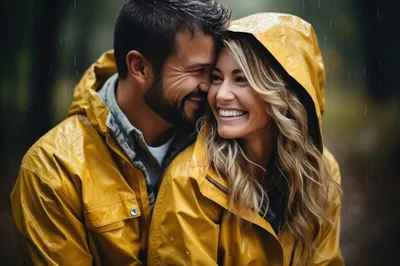 Happy Couple Embracing In Yellow Raincoats During Rainfall