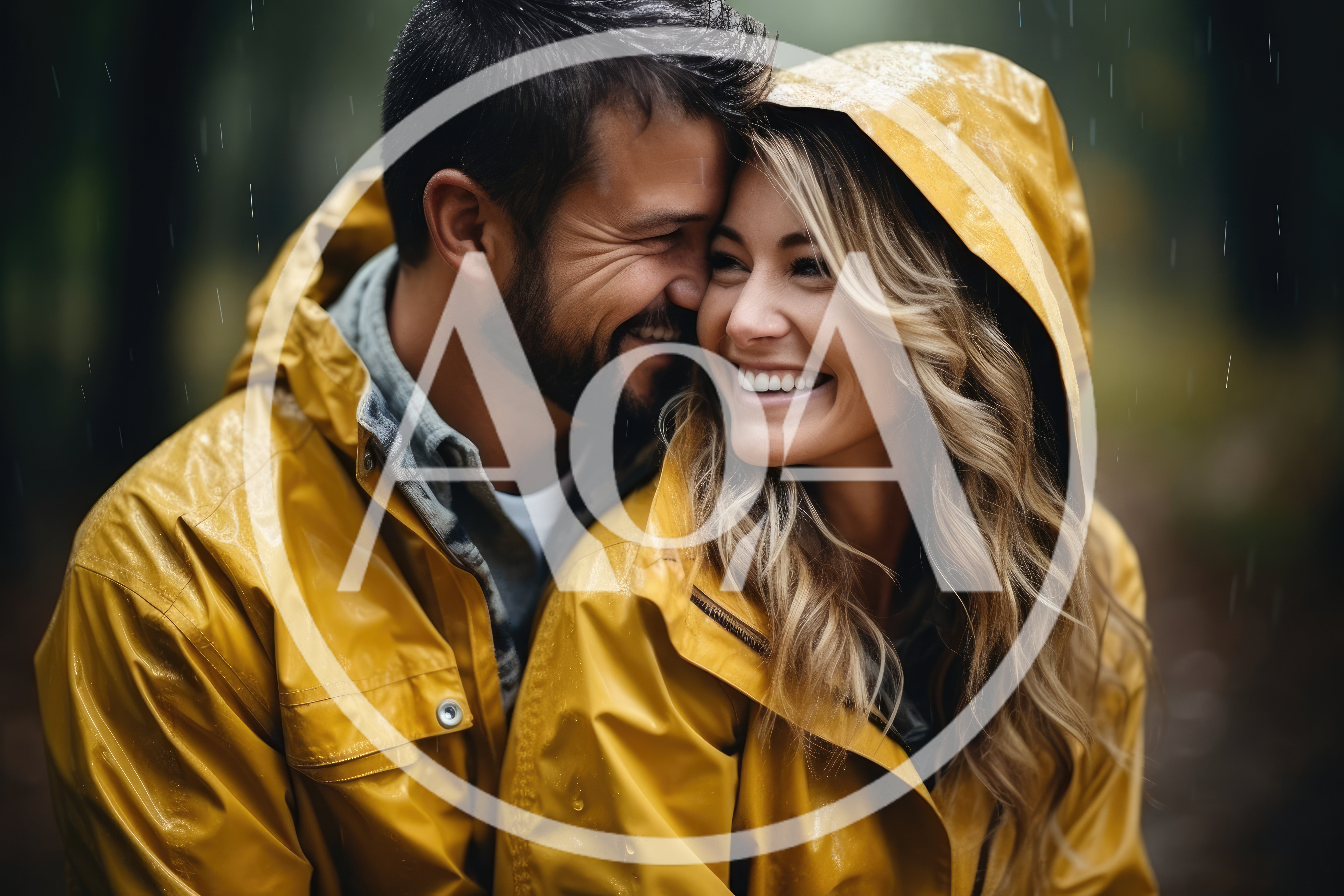 Happy Couple Embracing In Yellow Raincoats During Rainfall