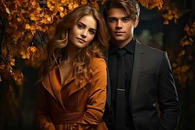 Elegant Couple Posing Together In Autumn Forest