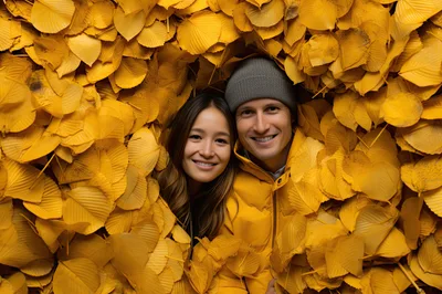 Happy Couple Posing Amidst Vibrant Yellow Autumn Leaves