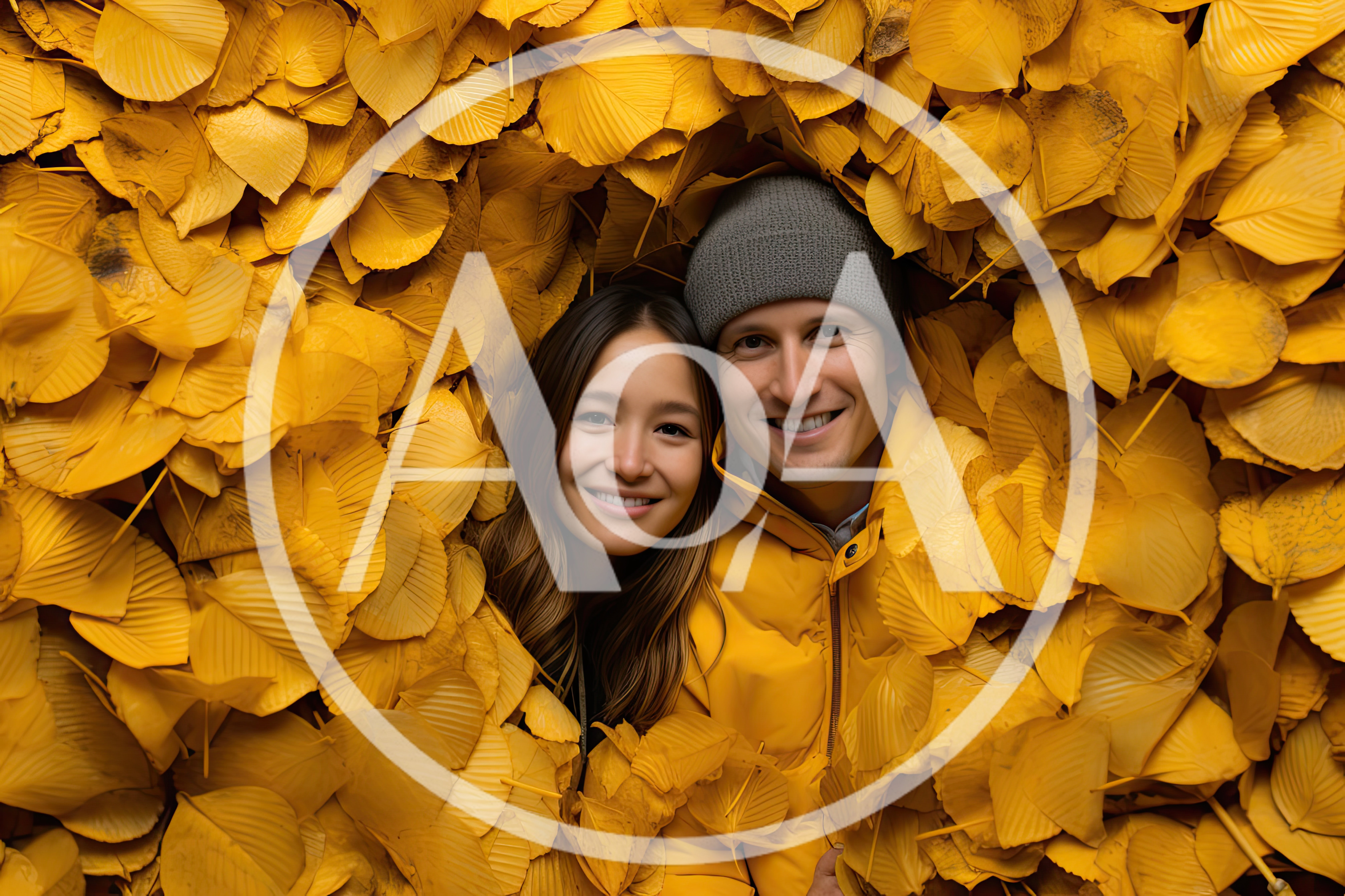 Happy Couple Posing Amidst Vibrant Yellow Autumn Leaves