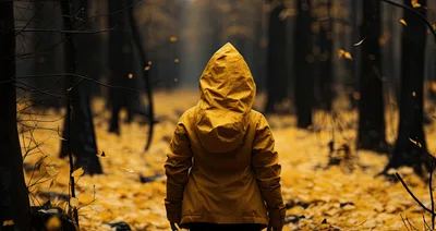 Person In Yellow Raincoat Standing In Autumn Forest