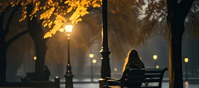 Lonely Woman Sitting On Park Bench At Night