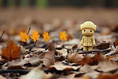 Small Yellow Toy Figure Standing Among Autumn Leaves